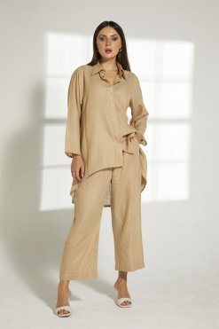 MOITW012 8 Beige Linen Top And Pants Set