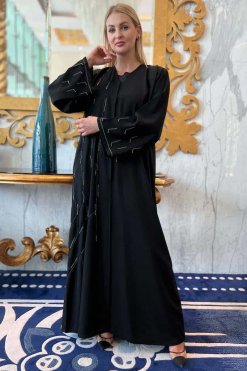 MOI092210 3 Black Crepe Abaya With Handwork