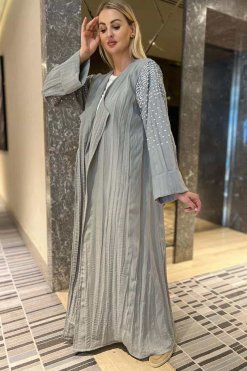 MOI092218 3 Grey Linen and Cotton Abaya