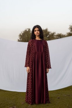 CU22118 3 Maroon Floral Abaya Set
