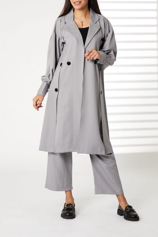 Grey Mid Length Barbie Crepe Trench Coat Set