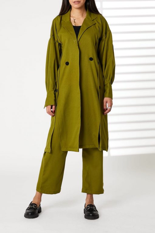 Green Mid Length Barbie Crepe Trench Coat Set