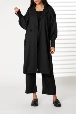 MOIRRTW2322 1 Black Mid Length Barbie Crepe Trench Coat Set