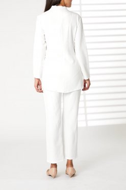 MOIRRTW2310 3 White Barbie Crepe Fabric Blazer and Pants Set