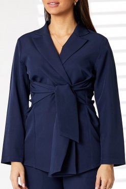 MOIRRTW2309 2 Navy Barbie Crepe Fabric Blazer and Pants Set
