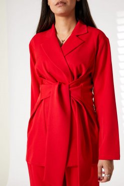 MOIRRTW2301 2 Red Barbie Crepe Fabric Blazer and Pants Set