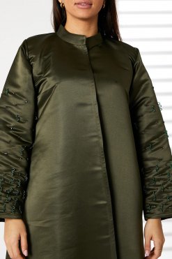 MOIRR23105 2 Green Bridal Satin Embroidery on sleeves With Mandarin Collar