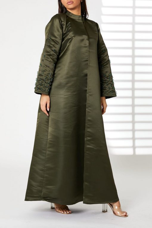 Green Bridal Satin Embroidery on sleeves With Mandarin Collar