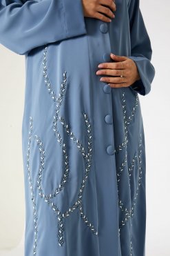 MOIRR23104 2 Blue Front Embroidered Nida Open Abaya