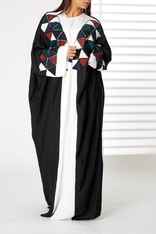 Harir Maqsood Black Bisht Geometrical Embroidery Abaya