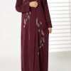 MOIRR23100 Maroon Nida Embroidered Open Abaya