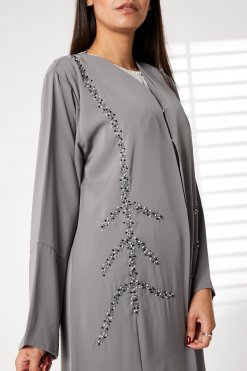 MOIRR2397 2 Grey Nida Open Front Embroidered Abaya