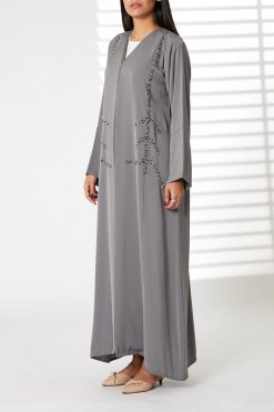 MOIRR2397 1 Grey Nida Open Front Embroidered Abaya