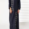 MOIRR2396 Navy Bridal Satin Embroidered Open Abaya