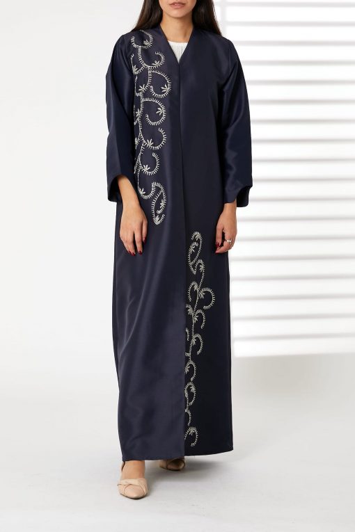 Navy Bridal Satin Embroidered Open Abaya