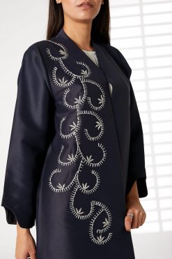 MOIRR2396 2 Navy Bridal Satin Embroidered Open Abaya