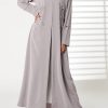 MOIRR2394 Grey Nida Embroidered V-Neck Open Abaya