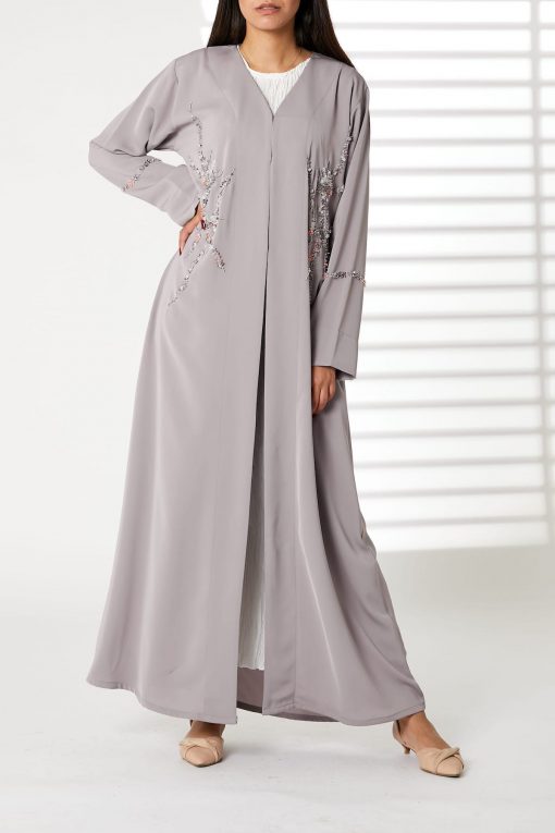 Grey Nida Embroidered V-Neck Open Abaya