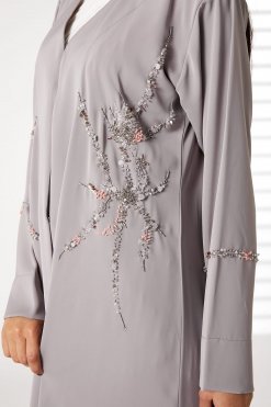 MOIRR2394 2 Grey Nida Embroidered V-Neck Open Abaya