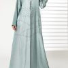 Greenish Cyan Lapel Collar Bridal Satin Embroidered Abaya