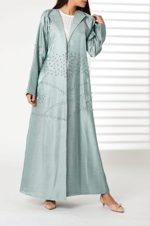 Greenish Cyan Lapel Collar Bridal Satin Embroidered Abaya