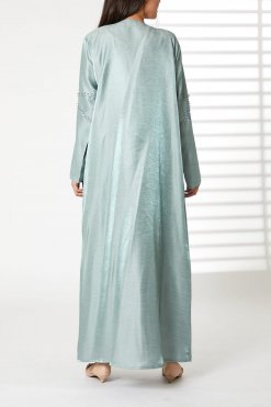 MOIRR2393 3 Greenish Cyan Lapel Collar Bridal Satin Embroidered Abaya