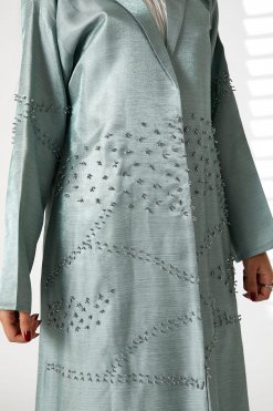 MOIRR2393 2 Greenish Cyan Lapel Collar Bridal Satin Embroidered Abaya