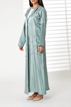 MOIRR2393 1 Greenish Cyan Lapel Collar Bridal Satin Embroidered Abaya