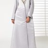 MOIRR2392 Grey Bridal Satin Abaya with Contrast Lace on Lapel Collar