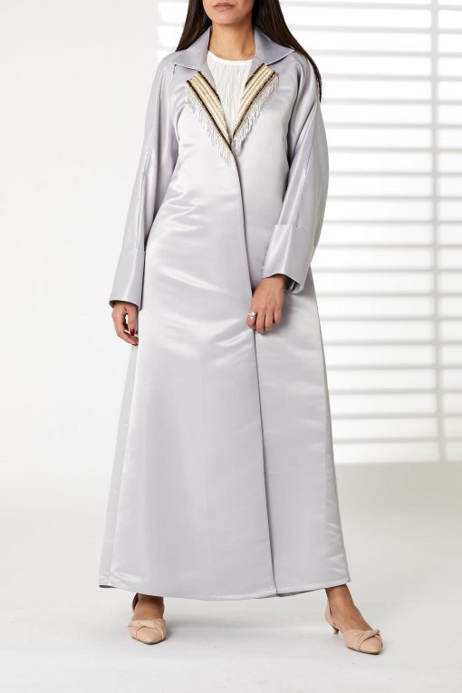 Grey Bridal Satin Abaya with Contrast Lace on Lapel Collar