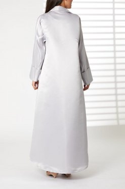 MOIRR2392 3 Grey Bridal Satin Abaya with Contrast Lace on Lapel Collar