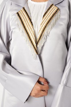 MOIRR2392 2 Grey Bridal Satin Abaya with Contrast Lace on Lapel Collar