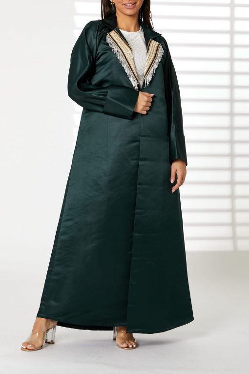 Green Bridal Satin Abaya with Contrast Lace on Lapel Collar