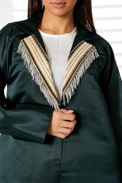 MOIRR2391 2 Green Bridal Satin Abaya with Contrast Lace on Lapel Collar