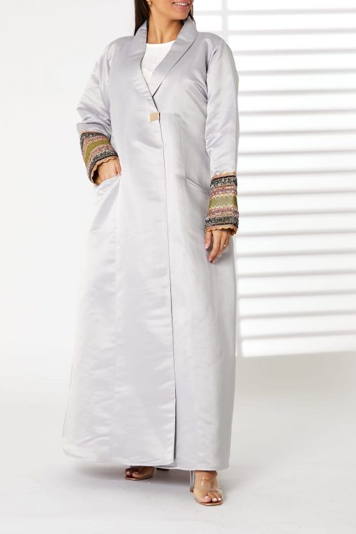 Grey Lapel Collar  Bridal Satin Abaya with  Pockets