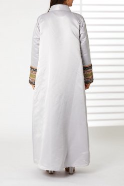 MOIRR2390 3 Grey Lapel Collar Bridal Satin Abaya with Pockets