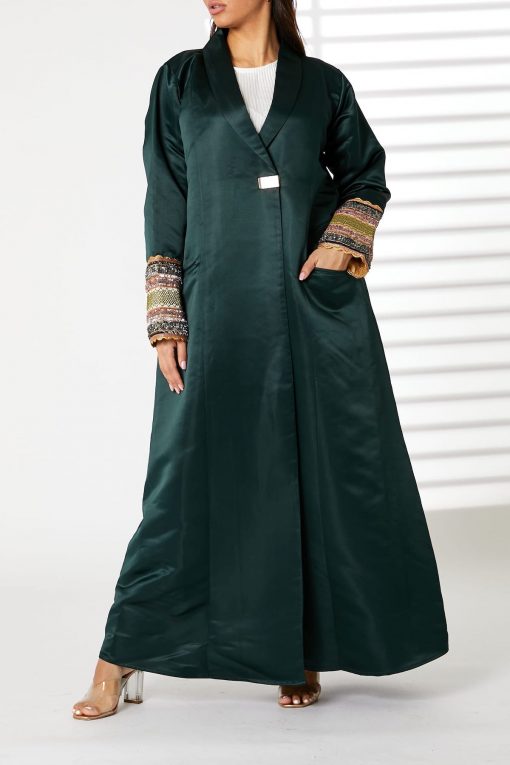 Green Lapel Collar  Bridal Satin Abaya with  Pockets