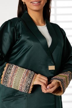 MOIRR2389 2 Green Lapel Collar Bridal Satin Abaya with Pockets