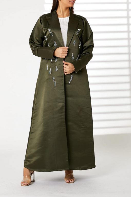 Green Lapel Collar Bridal Satin Embroidered Abaya
