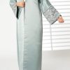 MOIRR2387 Greenish Cyan V-Neck Bridal Satin Split Cuffs Abaya