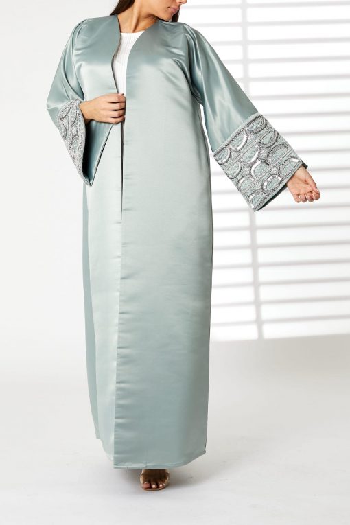 Greenish Cyan V-Neck Bridal Satin Split Cuffs Abaya
