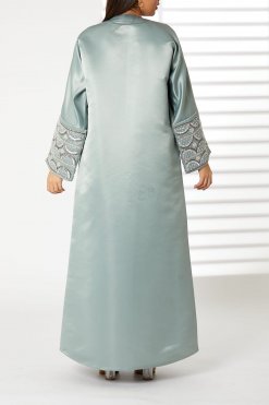 MOIRR2387 3 Greenish Cyan V-Neck Bridal Satin Split Cuffs Abaya
