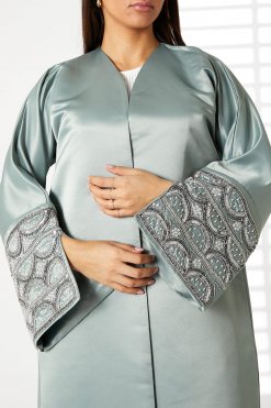 MOIRR2387 2 Greenish Cyan V-Neck Bridal Satin Split Cuffs Abaya