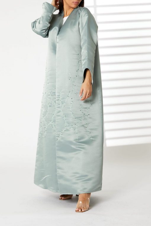 Greenish Cyan Bridal Satin Embroidered Open Abaya