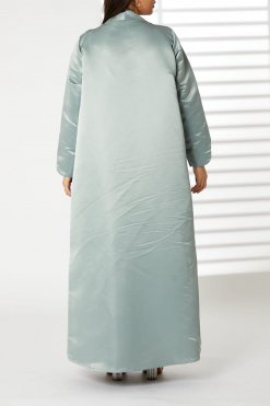 MOIRR2386 3 Greenish Cyan Bridal Satin Embroidered Open Abaya