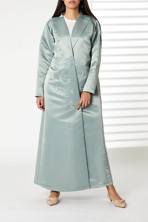 Greenish Cyan Lapel Collar Bridal Satin Embroidered Abaya