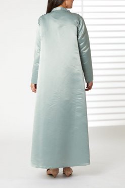 MOIRR2385 3 Greenish Cyan Lapel Collar Bridal Satin Embroidered Abaya