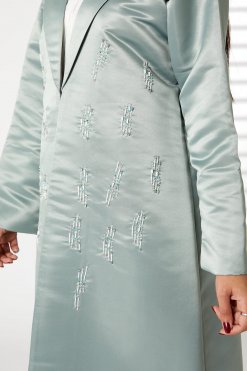 MOIRR2385 2 Greenish Cyan Lapel Collar Bridal Satin Embroidered Abaya