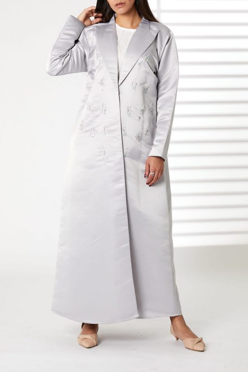 Grey Lapel Collar Bridal Satin Embroidered Abaya