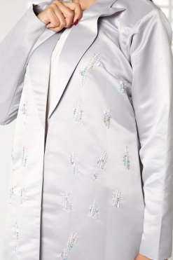 MOIRR2384 2 Grey Lapel Collar Bridal Satin Embroidered Abaya